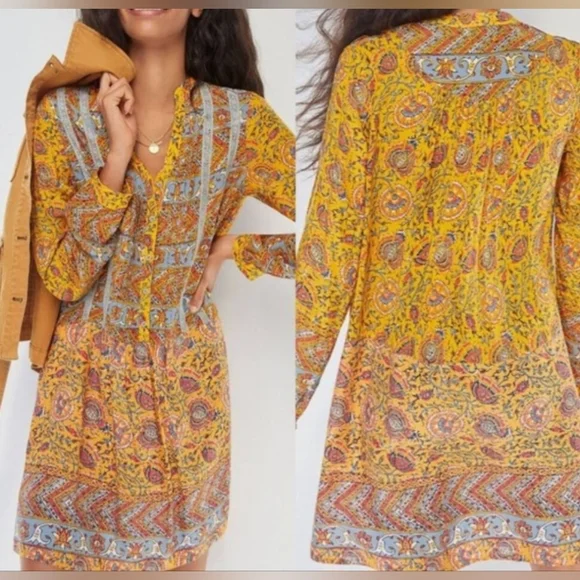 Anthropologie Tiny Boho  Yellow and Blue Long Sleeve Dress Size L - Picture 7 of 7